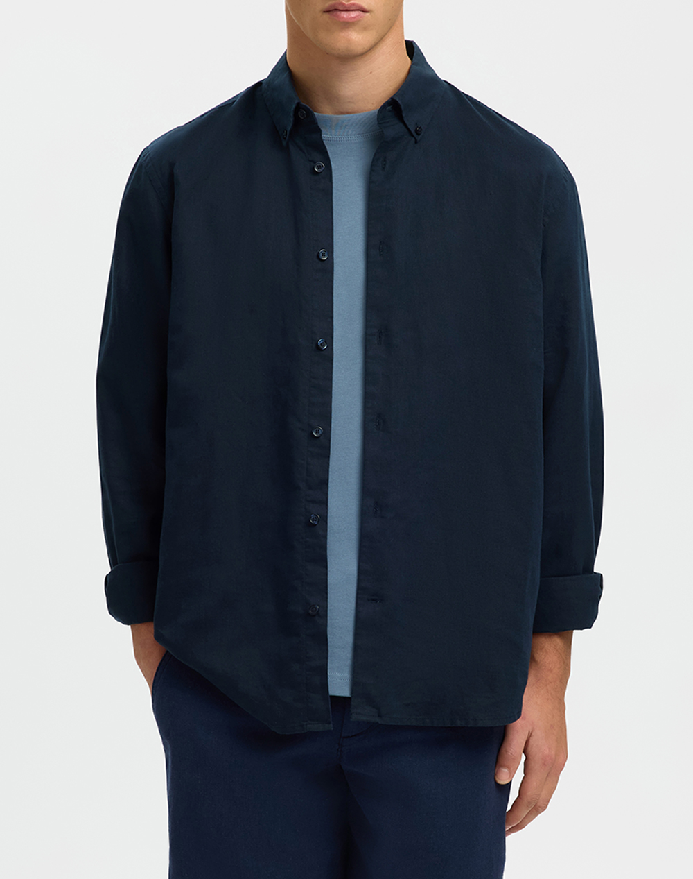 SELECTED SLMREGCLAUS CLAY LINENBLEND LS SHT NOOS