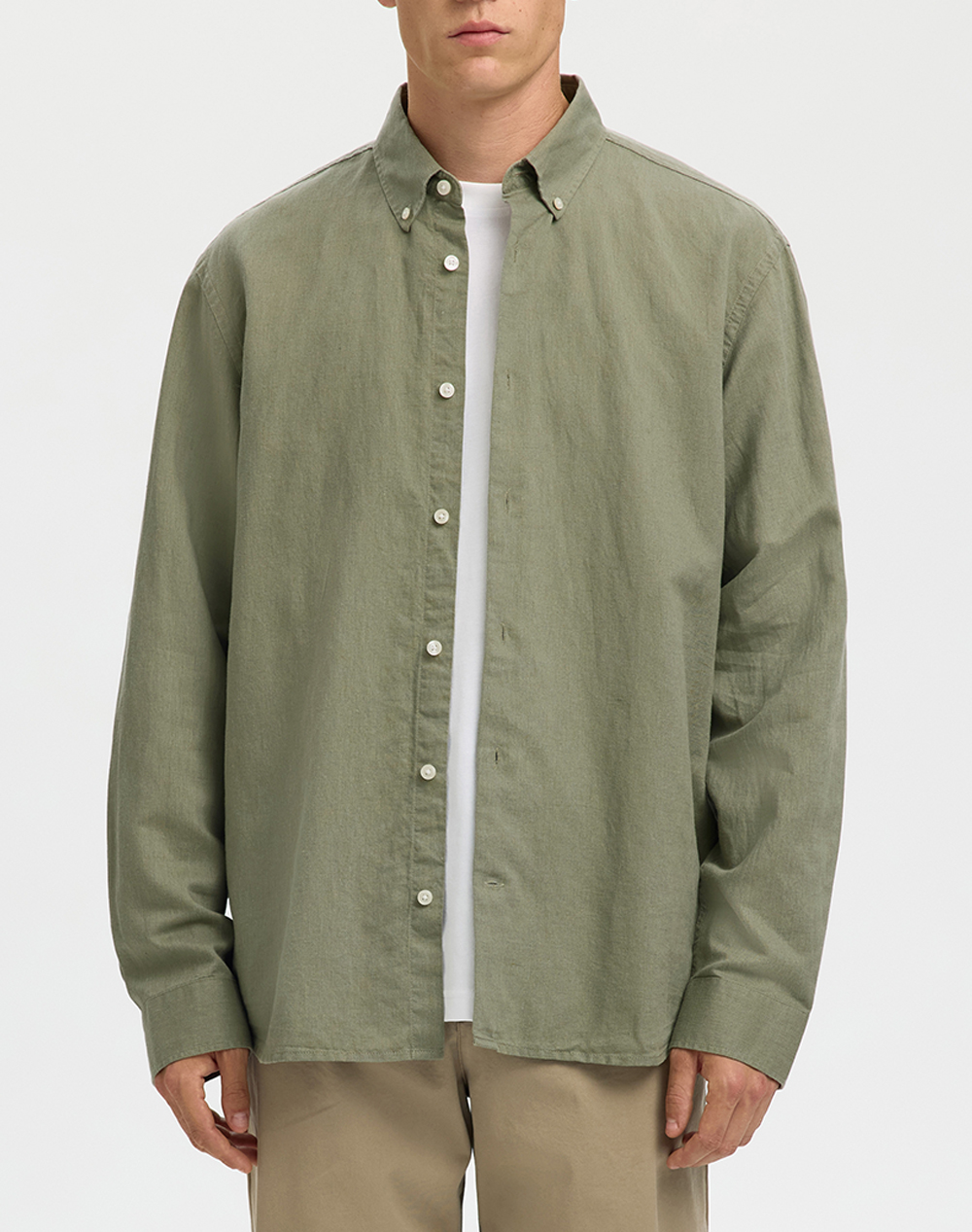 SELECTED SLMREGCLAUS CLAY LINENBLEND LS SHT NOOS