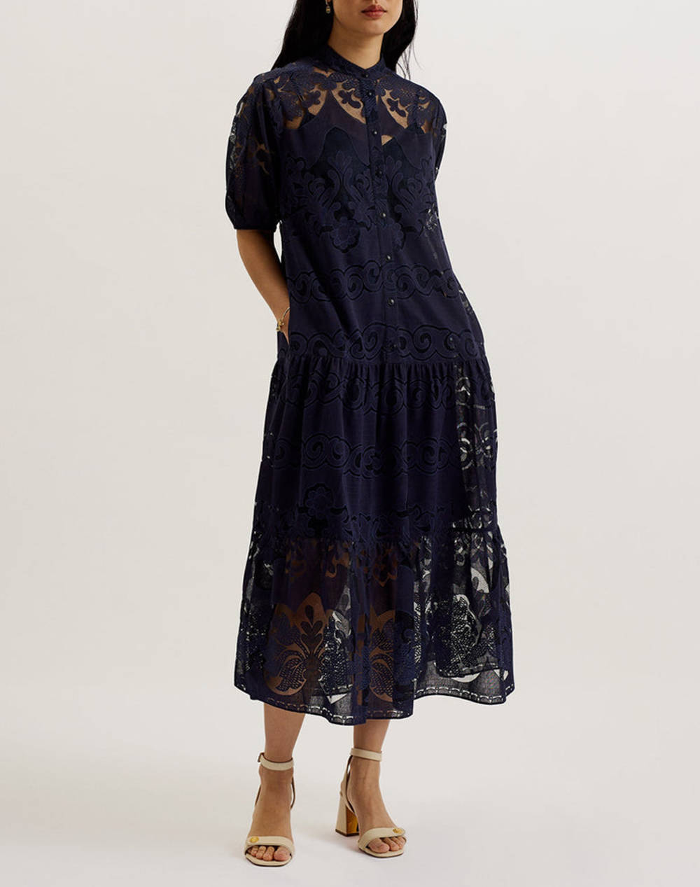 TED BAKER XATIVA laced midi Shirt Dress With Puff Sleeve