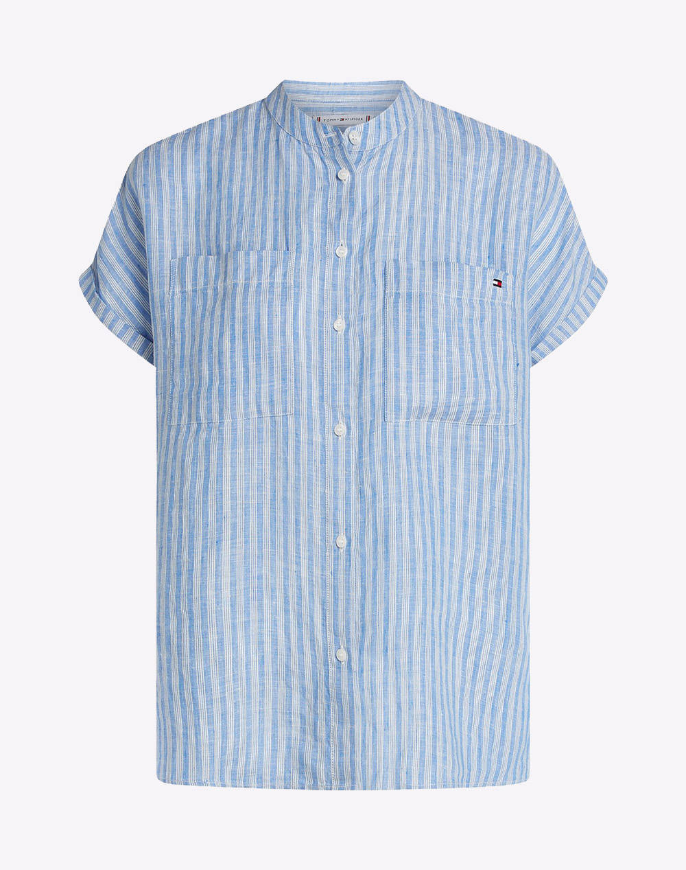 TOMMY HILFIGER ESS LINEN COLLARLESS S/S BLOUSE