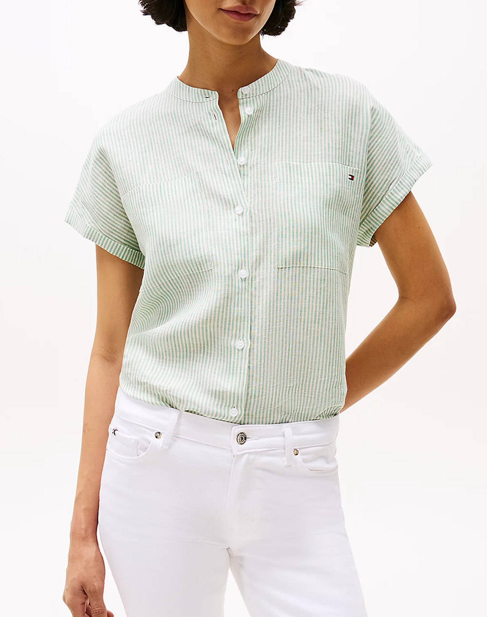 TOMMY HILFIGER ESS LINEN COLLARLESS S/S BLOUSE