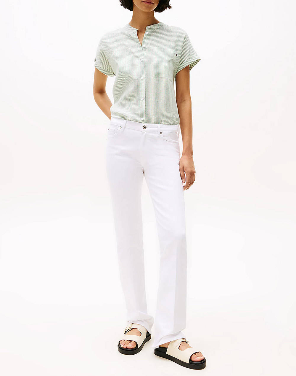 TOMMY HILFIGER ESS LINEN COLLARLESS S/S BLOUSE