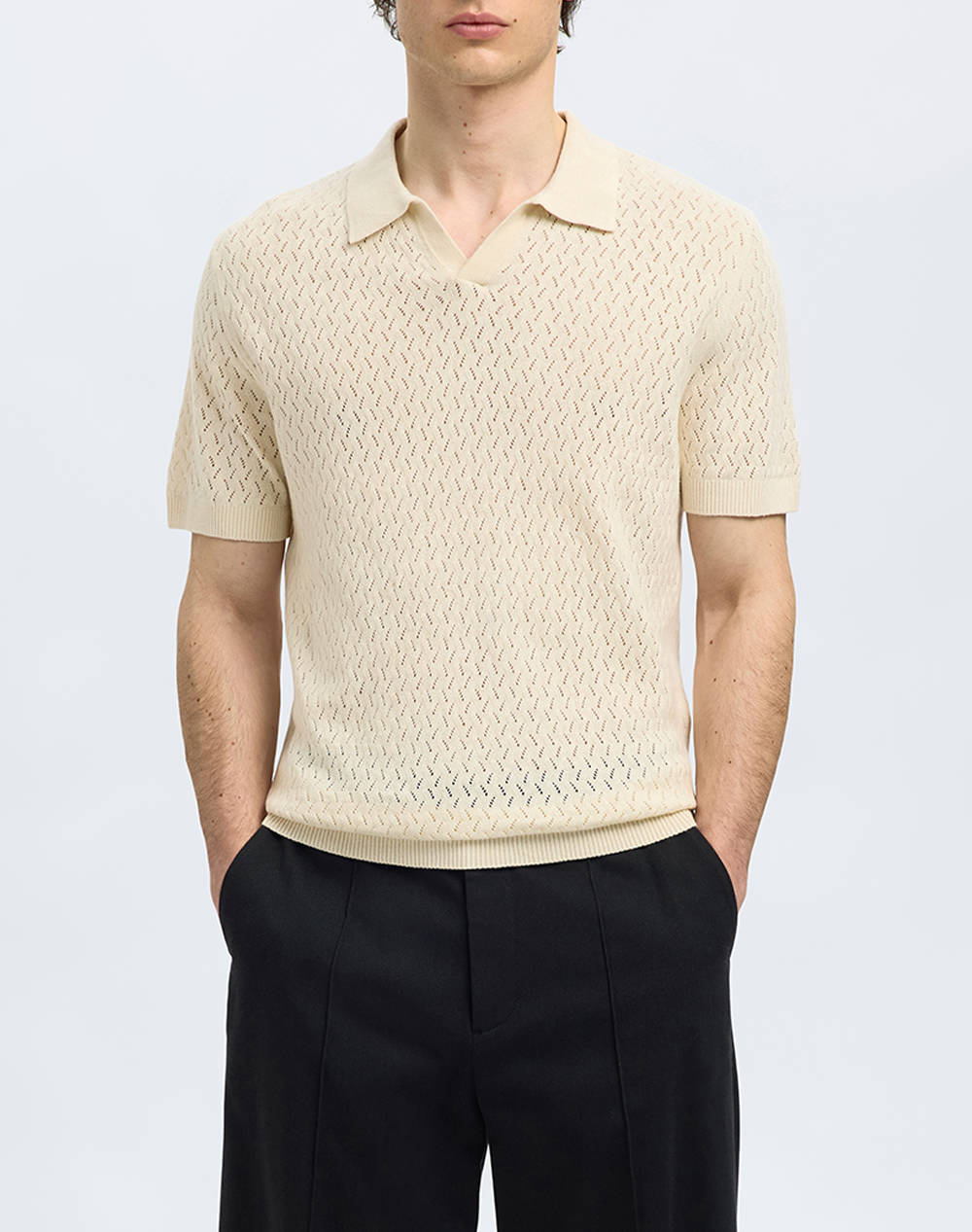 SELECTED SLHLINO SS KNIT CROCHET OPEN POLO