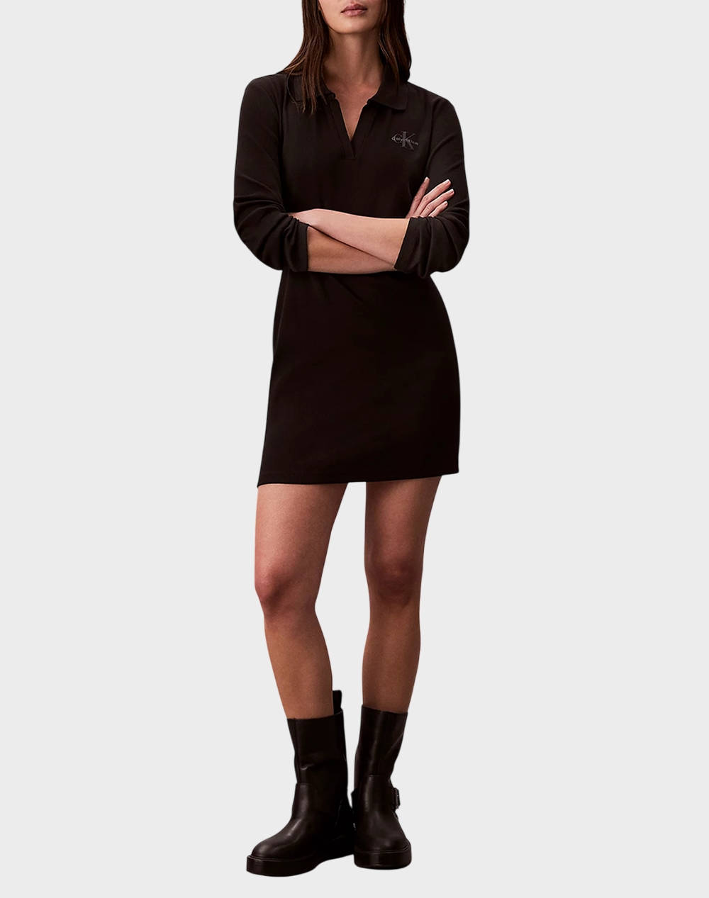 CALVIN KLEIN JEANS LS MONOLOGO RIB POLO MINI DRESS