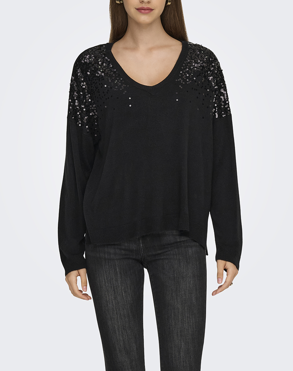 ONLY ONLSTARRY LS SEQUIN BOXY V-NECK KNT