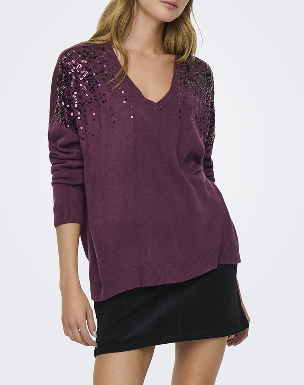 ONLY ONLSTARRY LS SEQUIN BOXY V-NECK KNT
