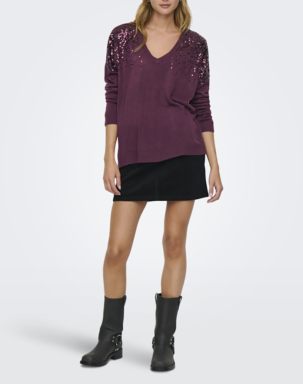 ONLY ONLSTARRY LS SEQUIN BOXY V-NECK KNT