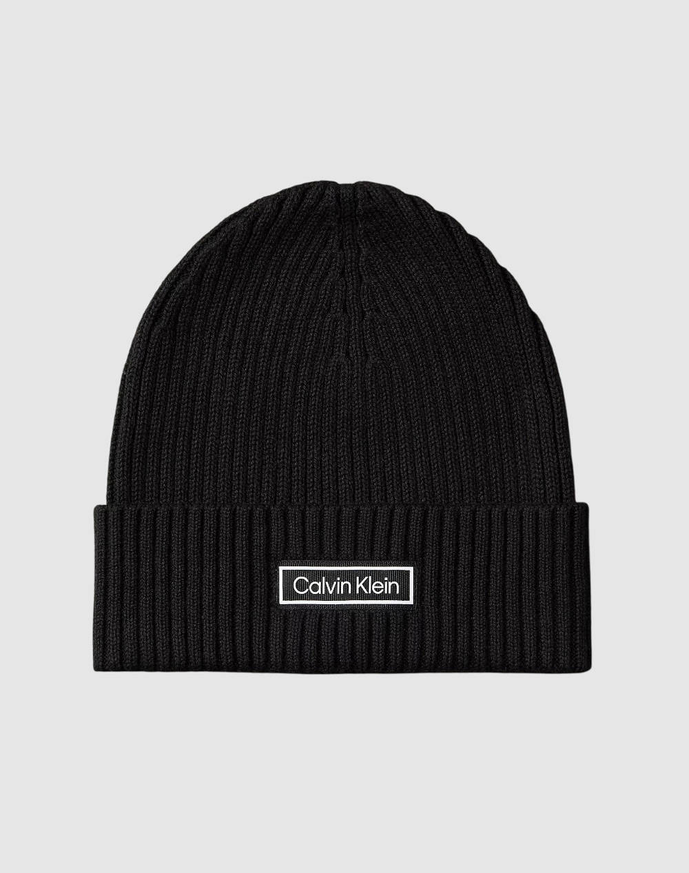 CALVIN KLEIN PATCH CHUNKY RIB COTTON BEANIE