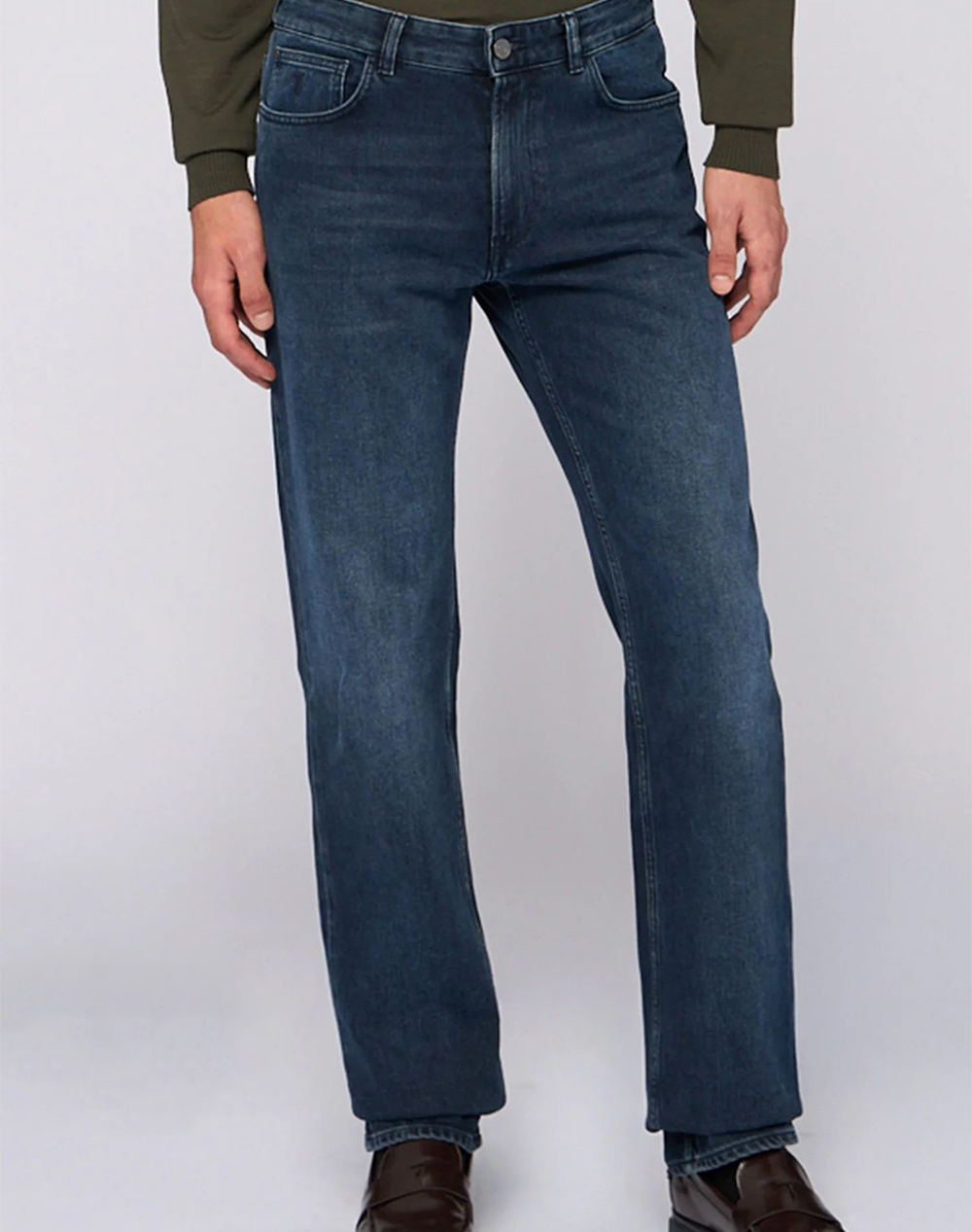 TRUSSARDI JEANS-5 TASCHE 380 ICON IN DENIM BLUE/BLACK STONE WASHED CON TRATTAMENTO CHIMICO