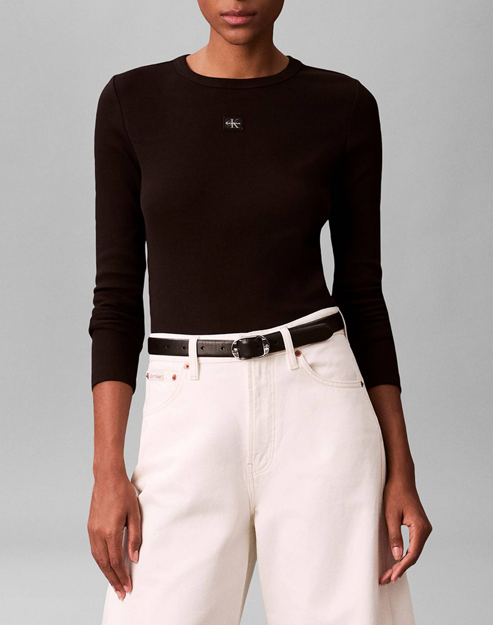 CALVIN KLEIN LS WOVEN LABEL 2X2 RIB CREW TOP