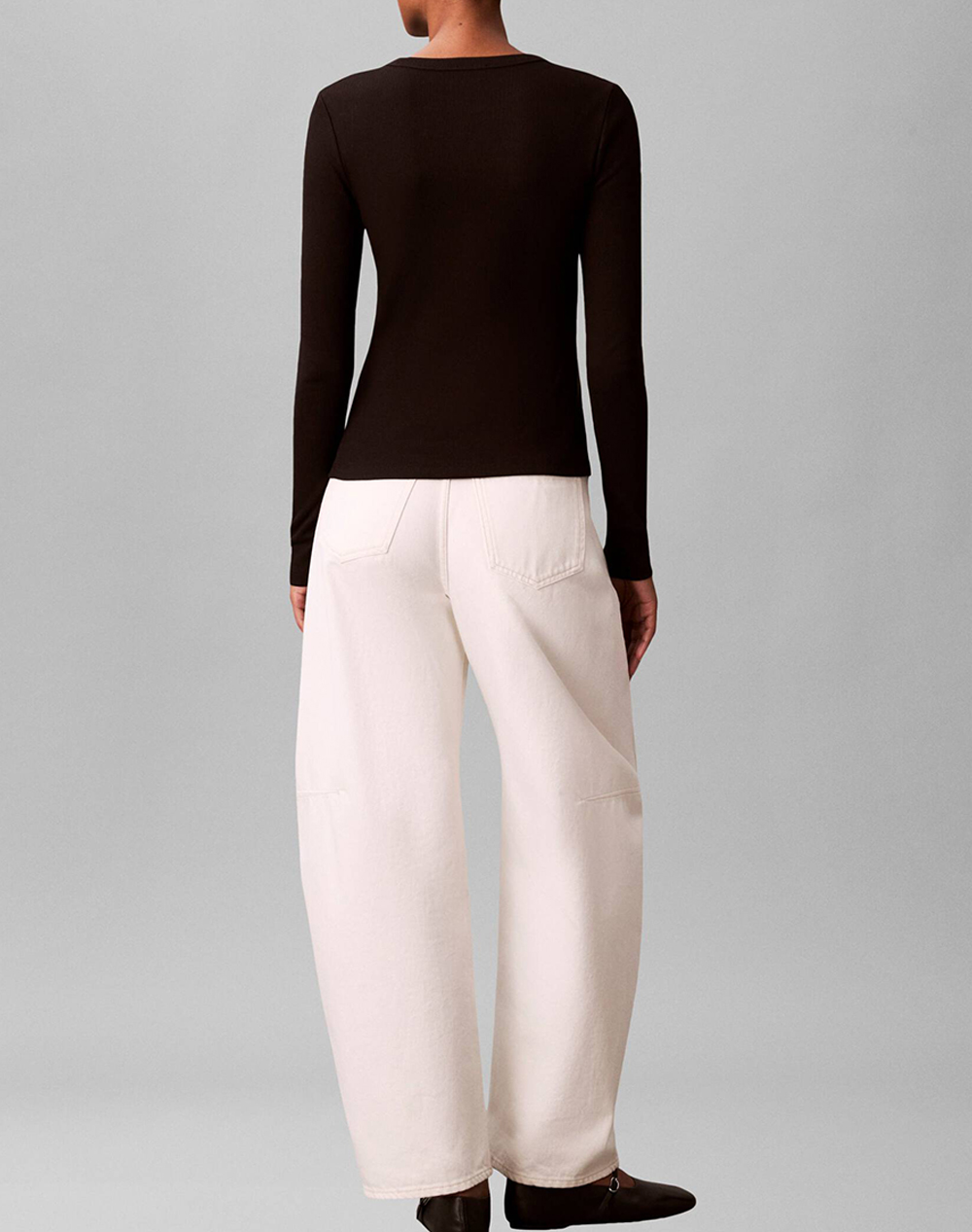 CALVIN KLEIN LS WOVEN LABEL 2X2 RIB CREW TOP