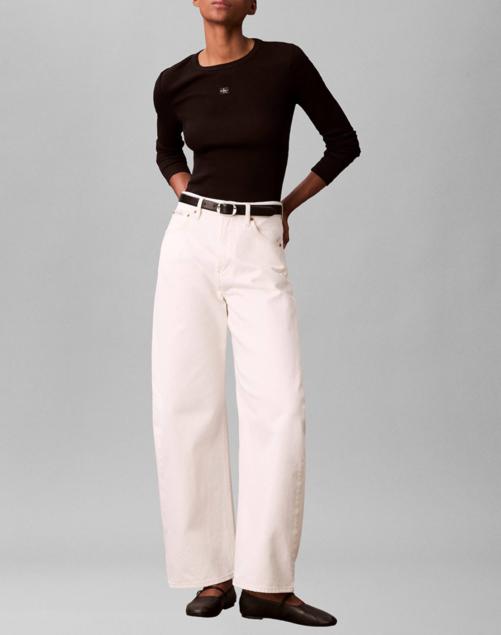 CALVIN KLEIN LS WOVEN LABEL 2X2 RIB CREW TOP