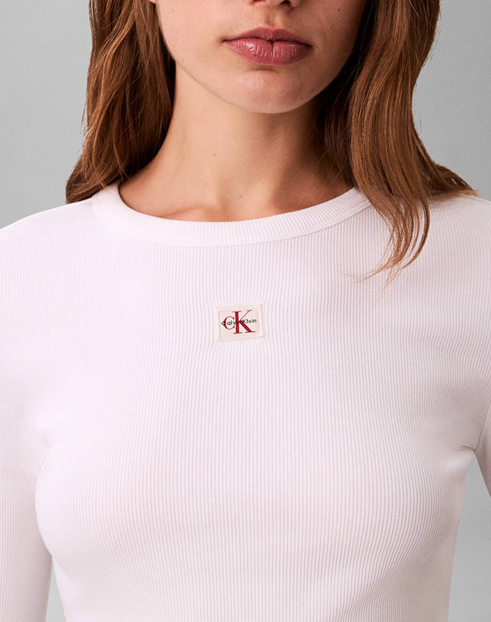 CALVIN KLEIN LS WOVEN LABEL 2X2 RIB CREW TOP