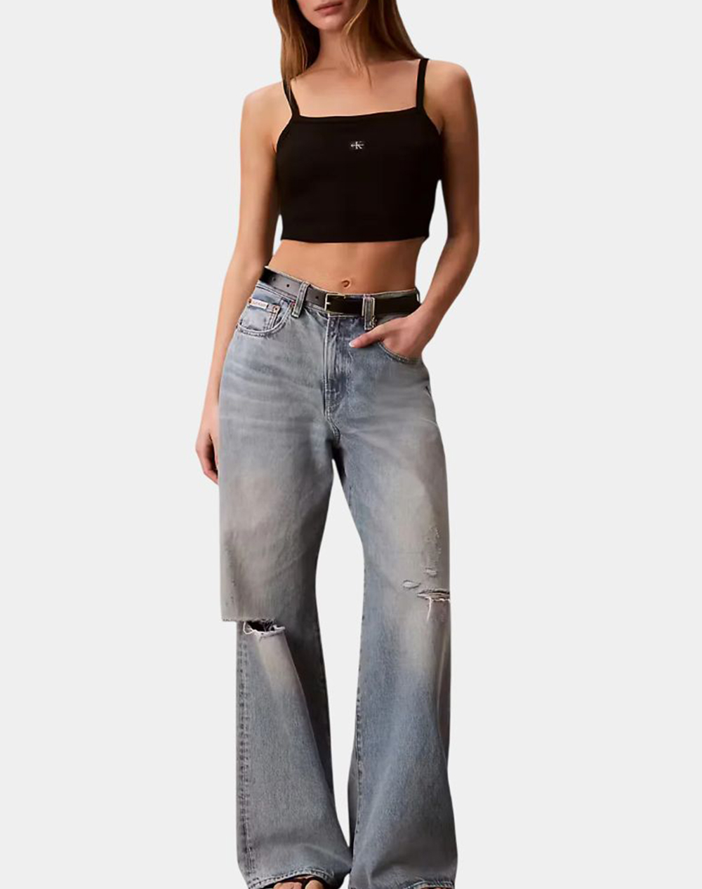 CALVIN KLEIN JEANS SL WOVEN LABEL 2X2 BABY RIB CROP