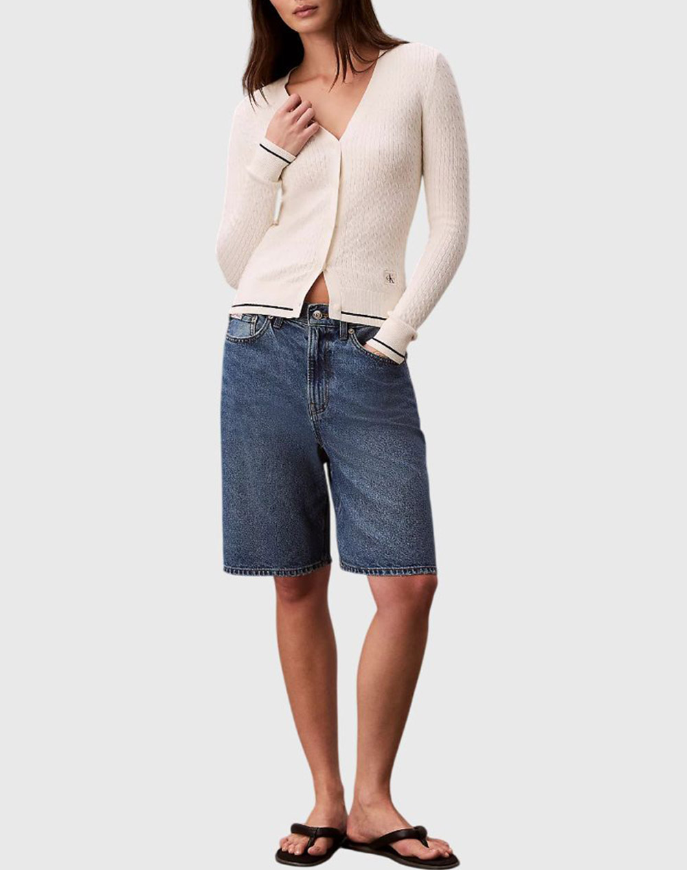 CALVIN KLEIN JEANS LS WOVEN LABEL CABLE CARDIGAN