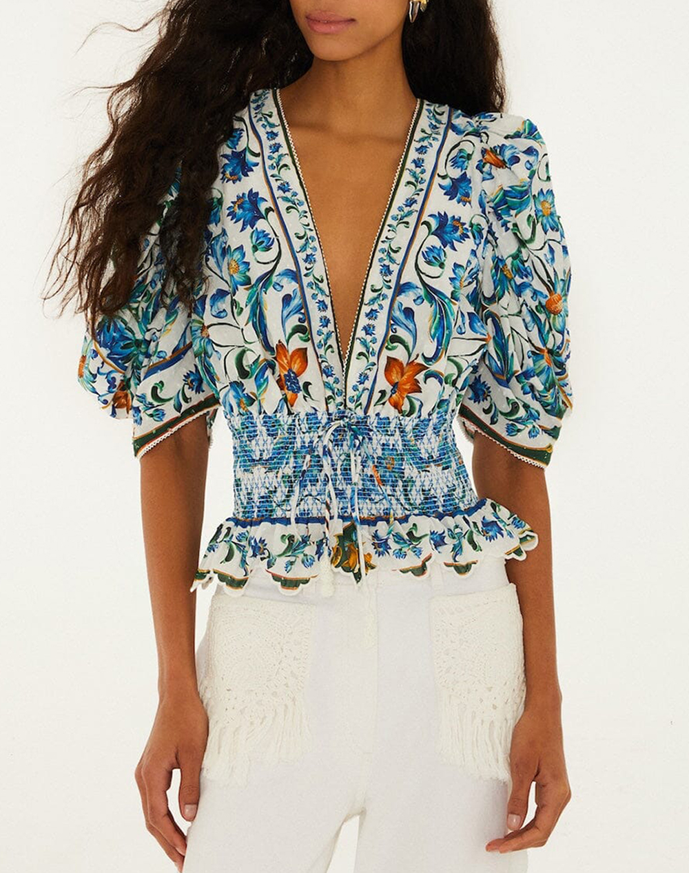 FARM RIO FLORA TILE OFF-WHITE BLOUSE-FLORA TILE OFF-WHITE