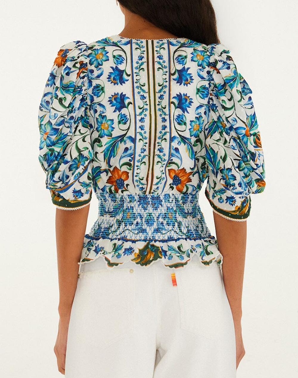 FARM RIO FLORA TILE OFF-WHITE BLOUSE-FLORA TILE OFF-WHITE