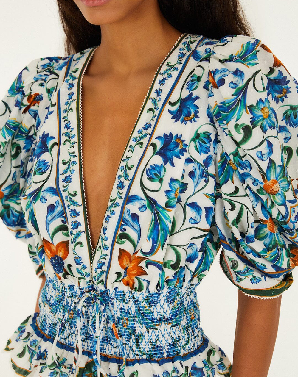 FARM RIO FLORA TILE OFF-WHITE BLOUSE-FLORA TILE OFF-WHITE