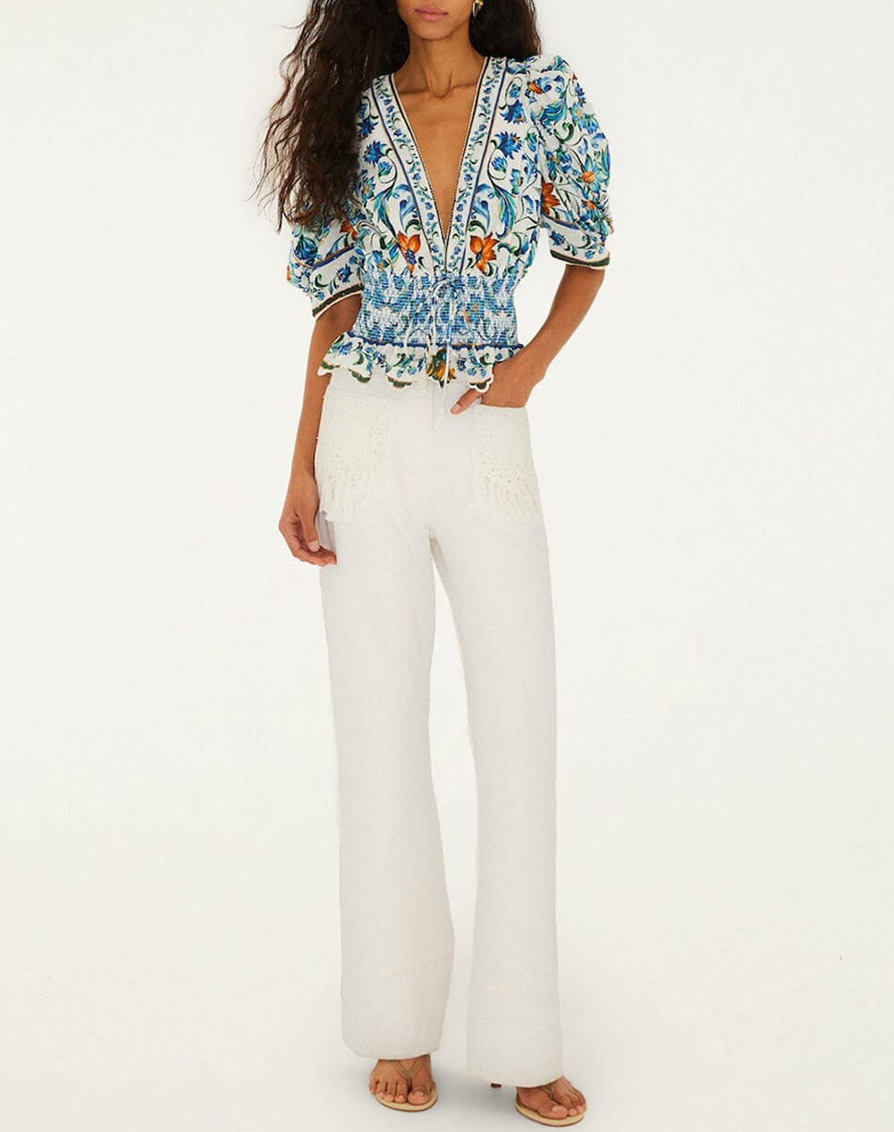 FARM RIO FLORA TILE OFF-WHITE BLOUSE-FLORA TILE OFF-WHITE