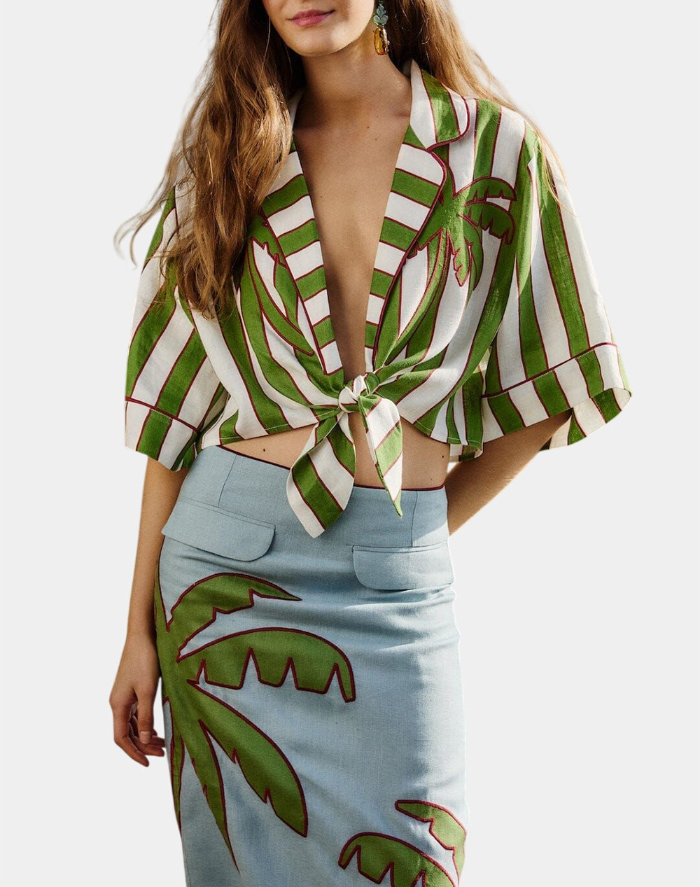FARM RIO SPRING STRIPES GREEN SHORT SLEEVE CROP TOP-SPRING STRIPES GREEN