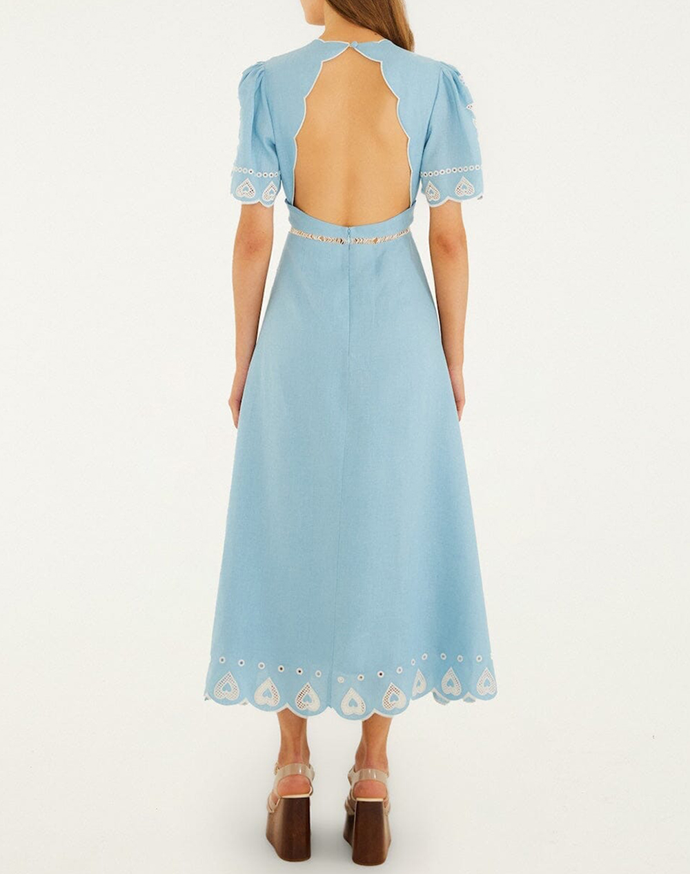 FARM RIO LIGHT BLUE EMBROIDERY SHORT SLEEVE MIDI DRESS-BLUE