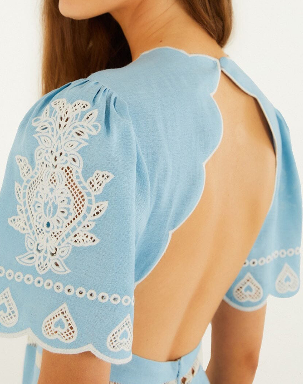 FARM RIO LIGHT BLUE EMBROIDERY SHORT SLEEVE MIDI DRESS-BLUE