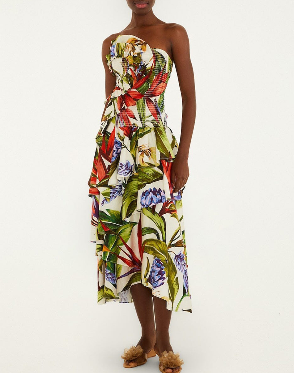FARM RIO FLORART SAND STRAPLESS MAXI DRESS-FLORART SAND