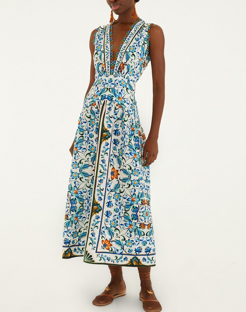 FARM RIO FLORA TILE OFF-WHITE MIDI DRESS-FLORA TILE OFF-WHITE