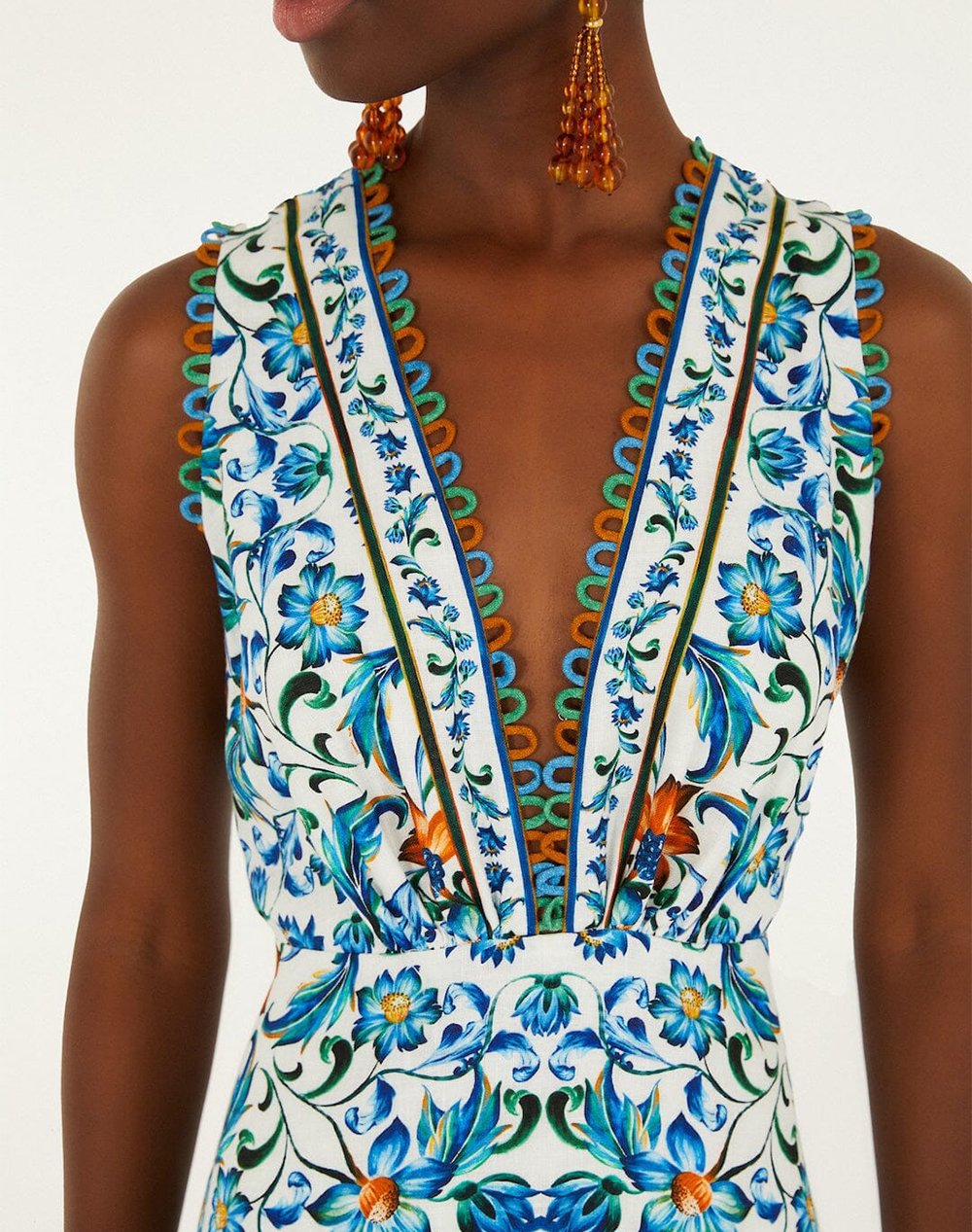 FARM RIO FLORA TILE OFF-WHITE MIDI DRESS-FLORA TILE OFF-WHITE