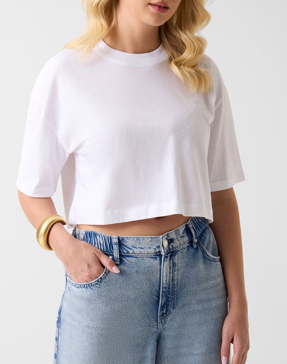 GUESS SS RHINESTONE CROP OS TEE WOMENS BLOUSE
