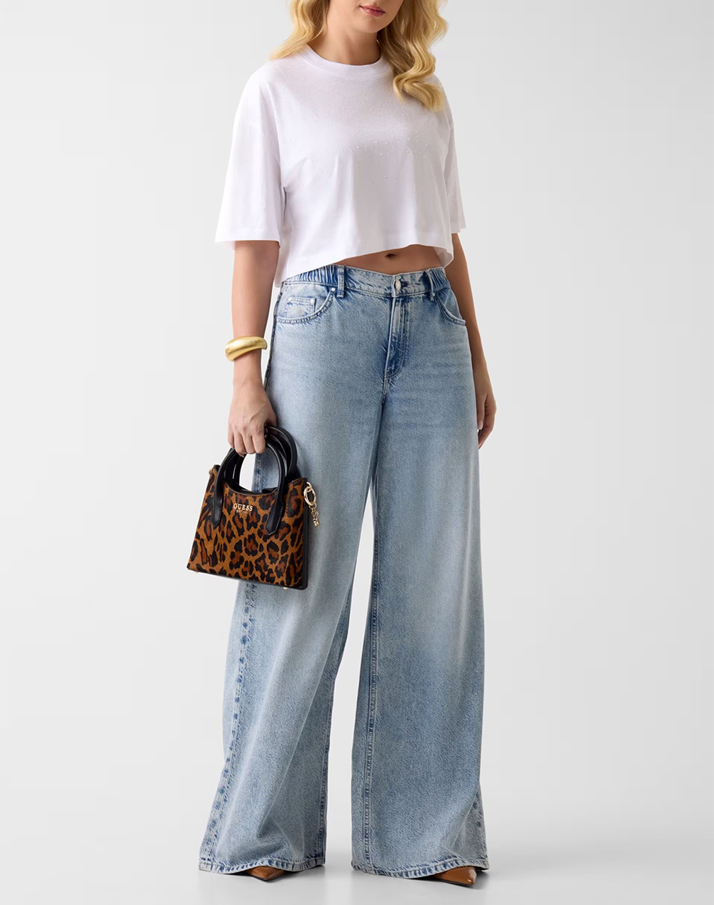 GUESS SS RHINESTONE CROP OS TEE WOMENS BLOUSE