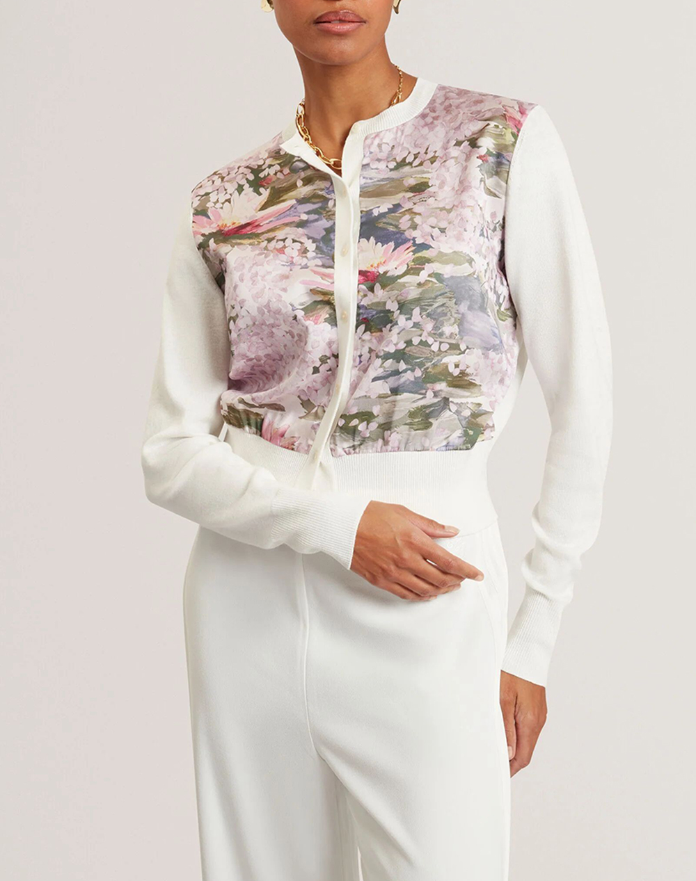 TED BAKER SISILLA Printed Woven Front Cardigan