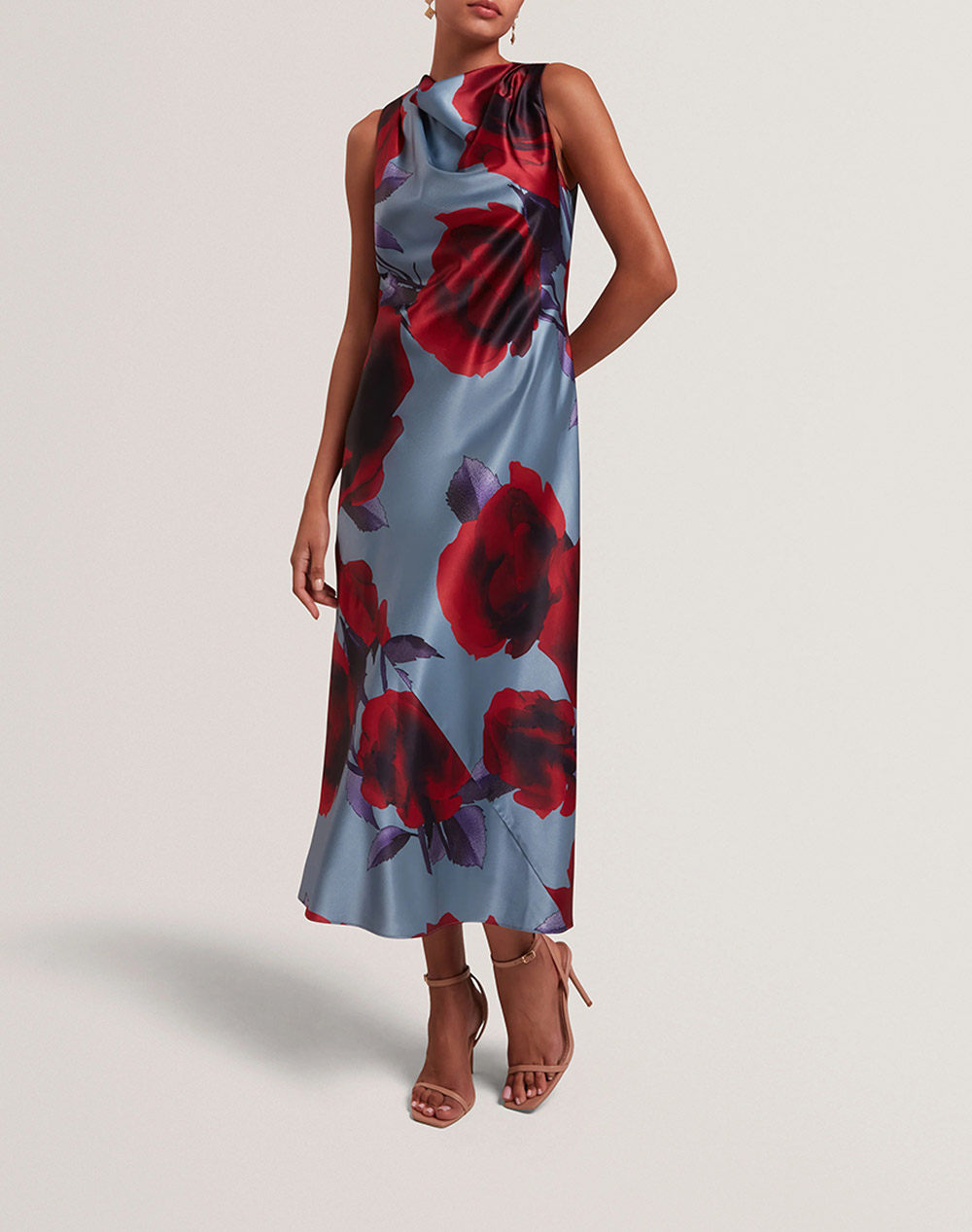TED BAKER HARRLIA Printed Draped Neck Midi Dress