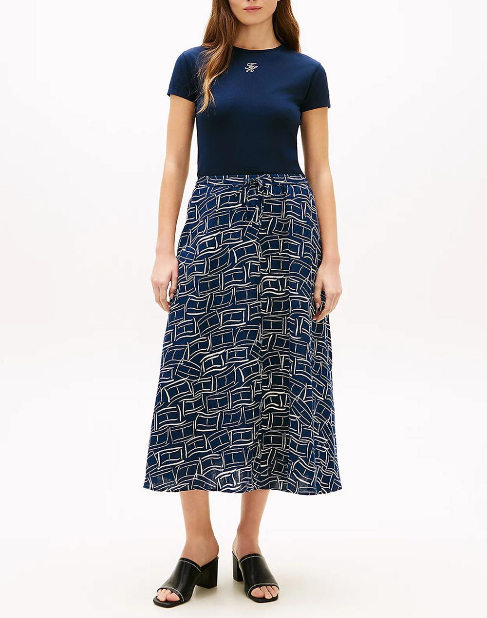 TOMMY HILFIGER ESS LINEN FLARE MIDI SKIRT