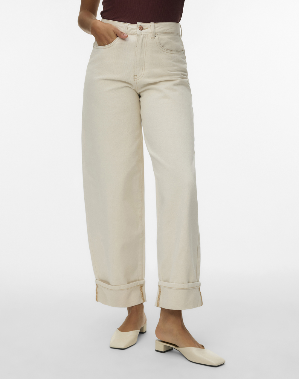VERO MODA VMZELDA HR BARREL FOLD UP ECRU JEANS