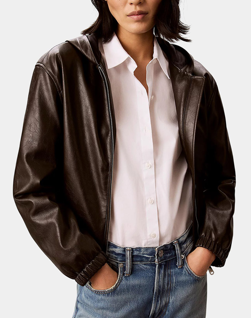 CALVIN KLEIN JEANS CROPPED HOODED FAUX LEATHER JACK