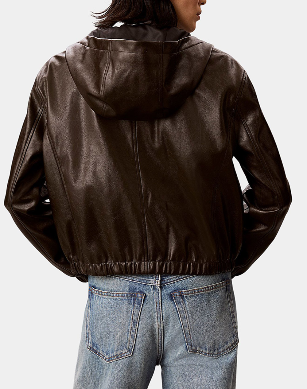 CALVIN KLEIN JEANS CROPPED HOODED FAUX LEATHER JACK