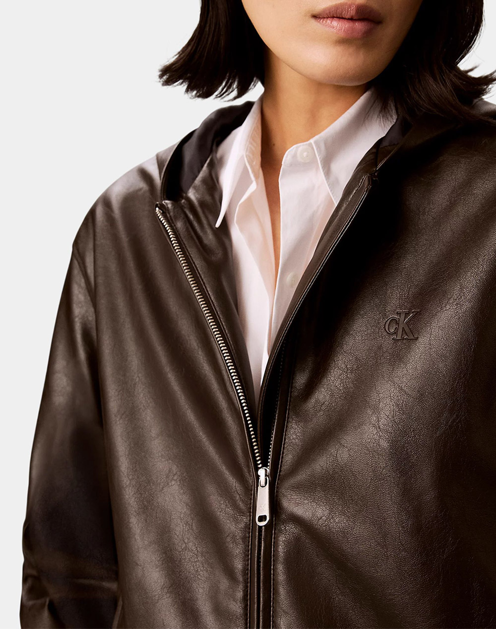 CALVIN KLEIN JEANS CROPPED HOODED FAUX LEATHER JACK
