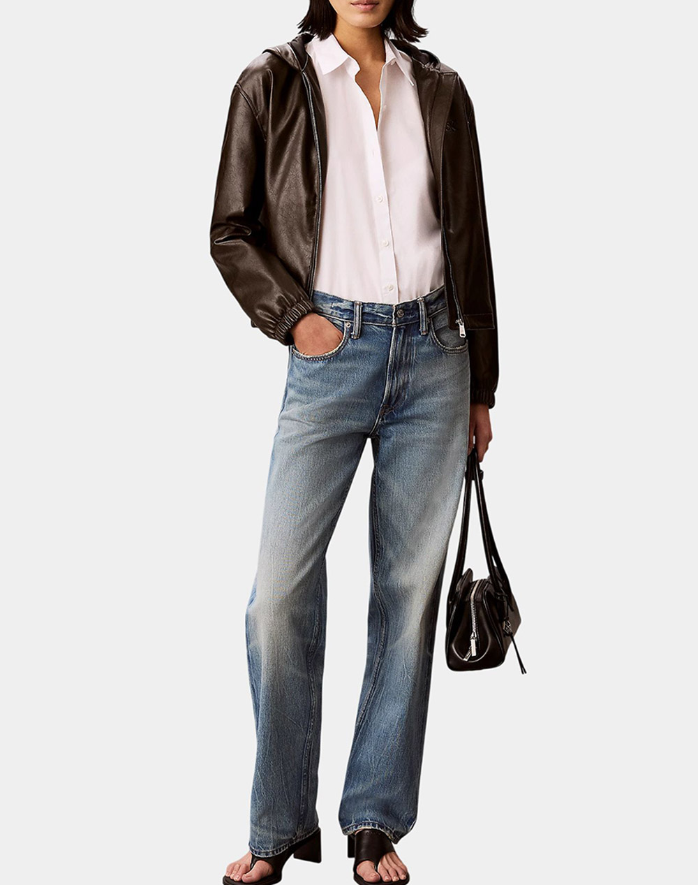 CALVIN KLEIN JEANS CROPPED HOODED FAUX LEATHER JACK