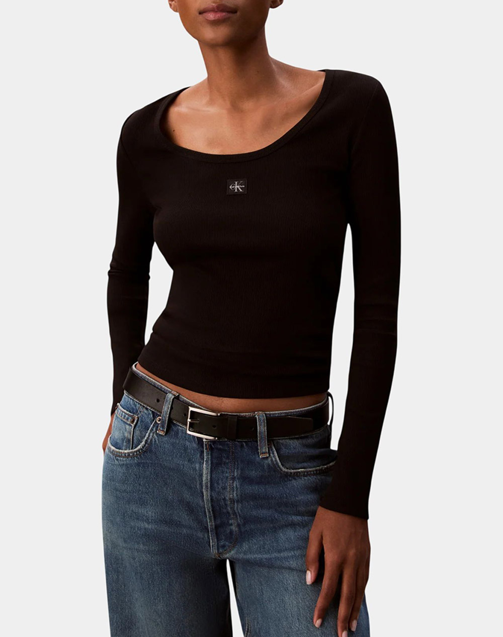 CALVIN KLEIN JEANS LS WOVEN LABEL 2X2 RIB SCOOP NEC