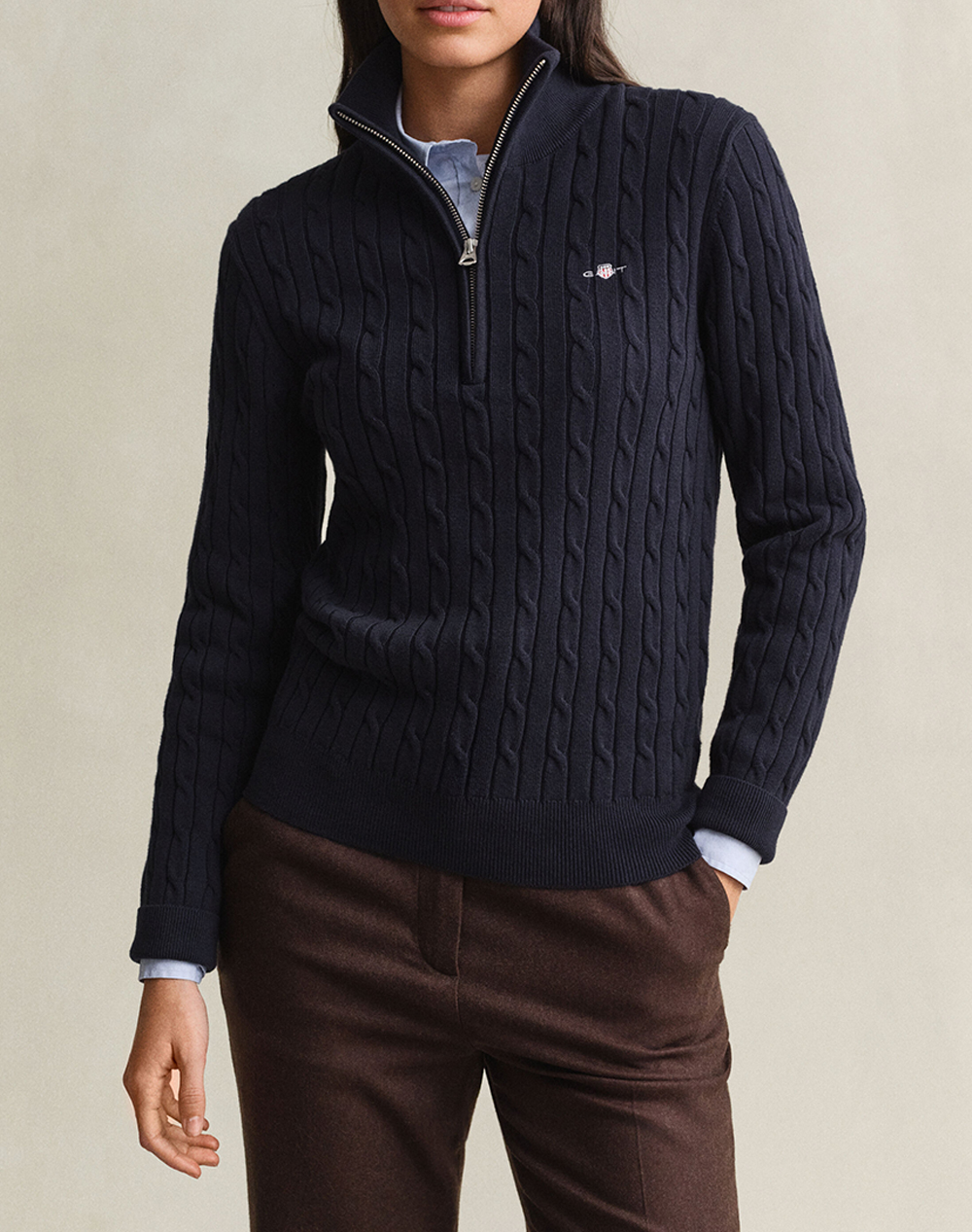 GANT ПУЛОВЕР ДЪЛЪГ РЪКАВ STRETCH COTTON CABLE HALF-ZIP