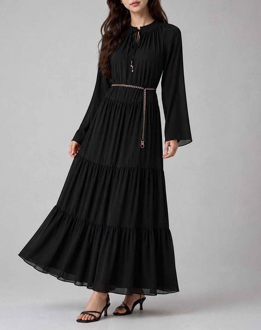 MICHAEL KORS SMOCK TIE NECK MAXI DRESS