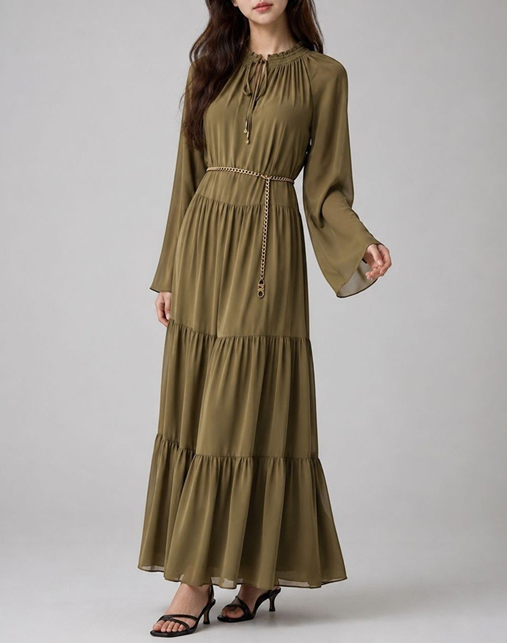MICHAEL KORS SMOCK TIE NECK MAXI DRESS