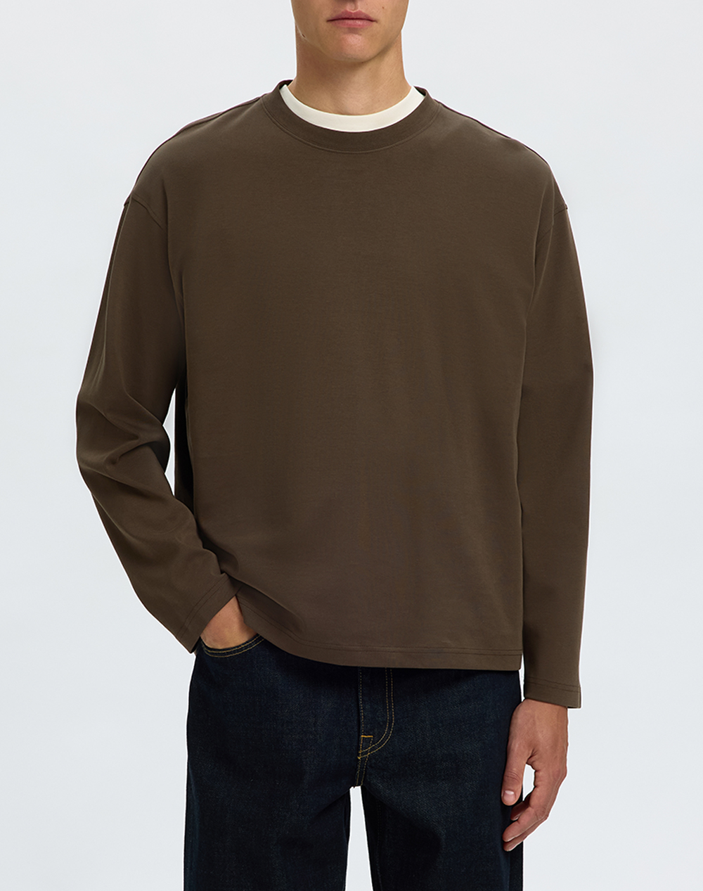 SELECTED SLMTAJ HEAVY LS O-NECK TEE