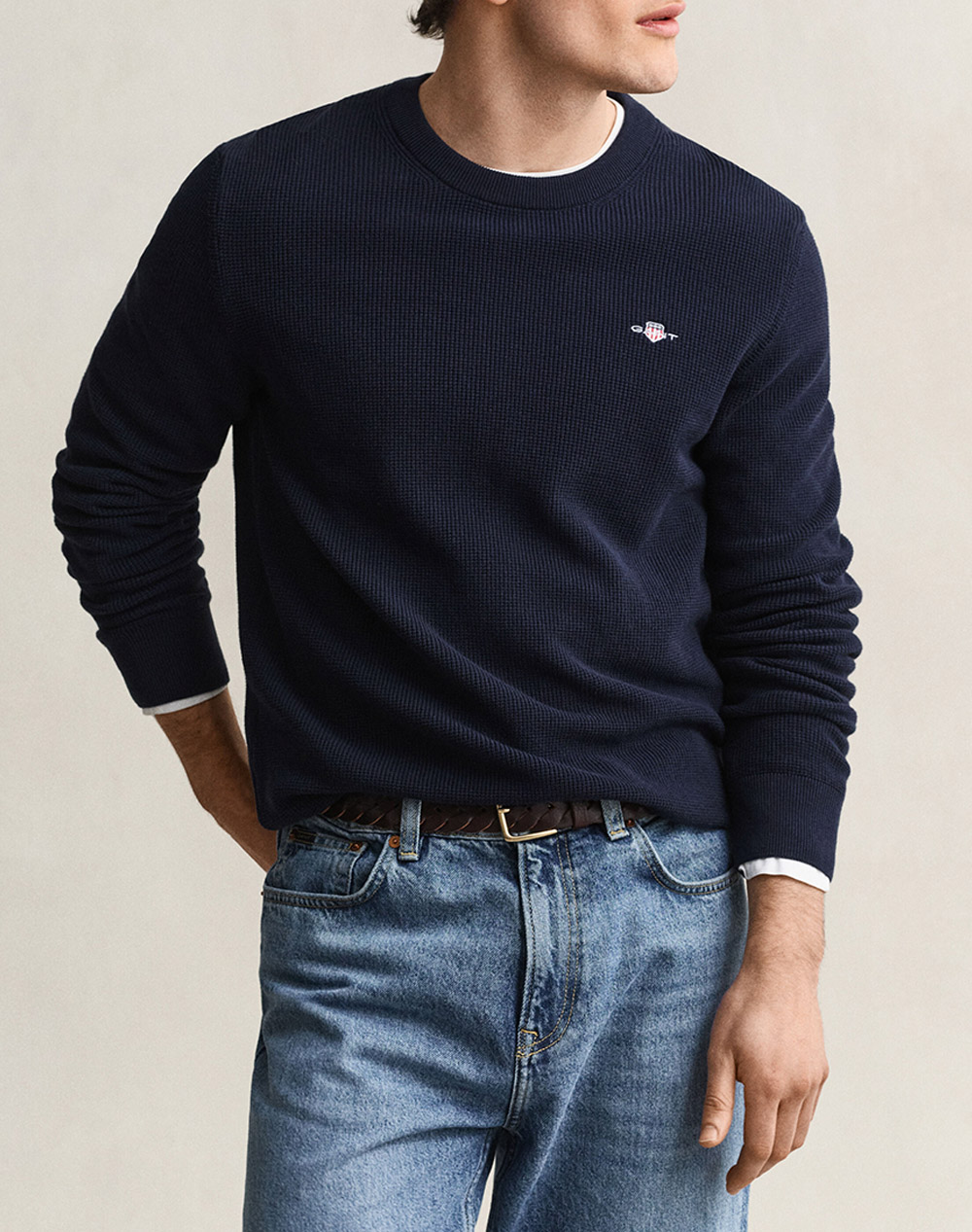 GANT ПУЛОВЕР С ДЪЛЪГ РЪКАВ MICRO TEXTURED COTTON C-NECK