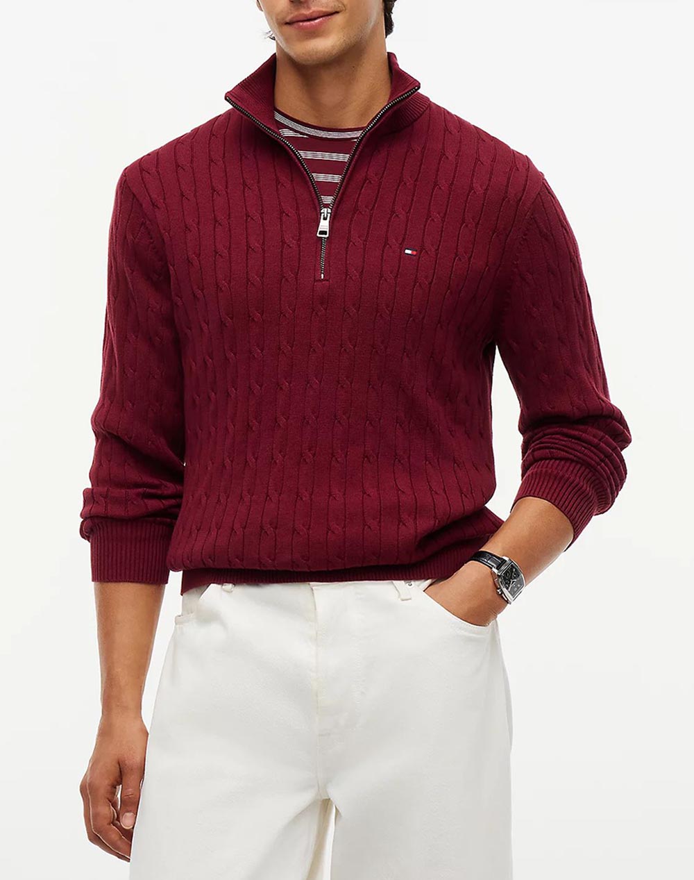 TOMMY HILFIGER CLASSIC COTTON CABLE ZIP MOCK