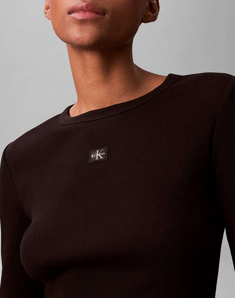 CALVIN KLEIN LS WOVEN LABEL 2X2 RIB CREW TOP