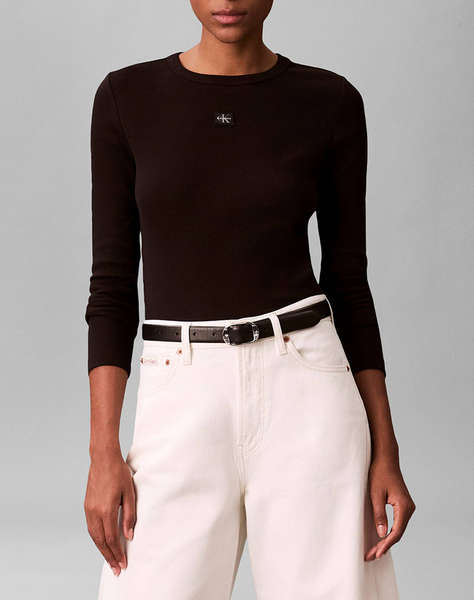 CALVIN KLEIN LS WOVEN LABEL 2X2 RIB CREW TOP