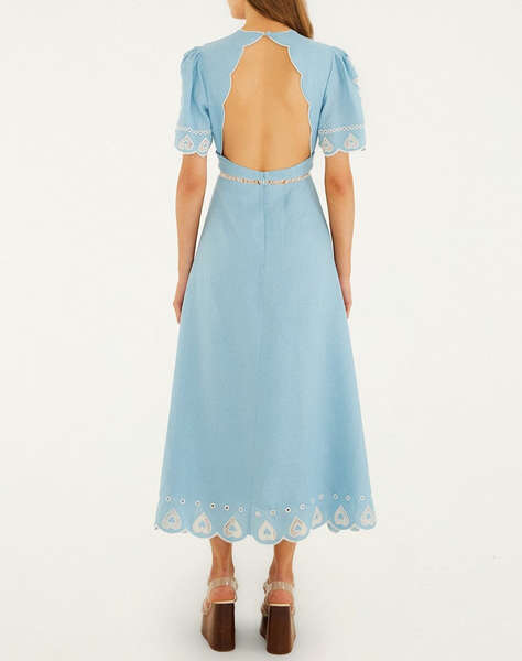 FARM RIO LIGHT BLUE EMBROIDERY SHORT SLEEVE MIDI DRESS-BLUE