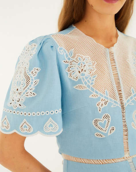 FARM RIO LIGHT BLUE EMBROIDERY SHORT SLEEVE MIDI DRESS-BLUE